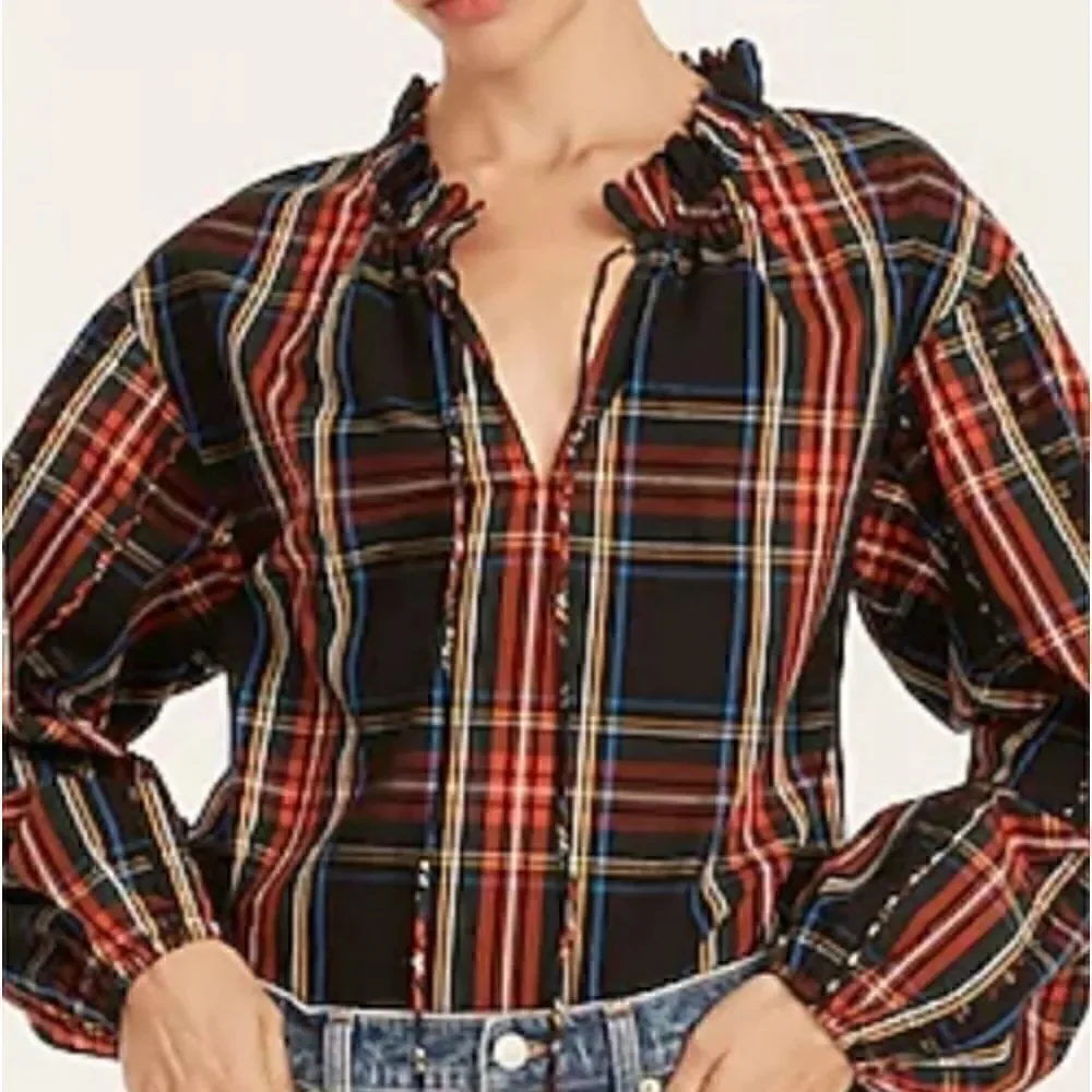 J CREW Tartan Plaid Cotton Ruffleneck Blouse Sz XSMALL NWT
